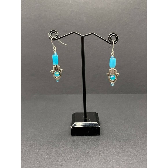 Hamsa & Turquoise Glass Bead Earrings by Neanie-Bot Handmade Jewelry Creations - Picture 2 of 2